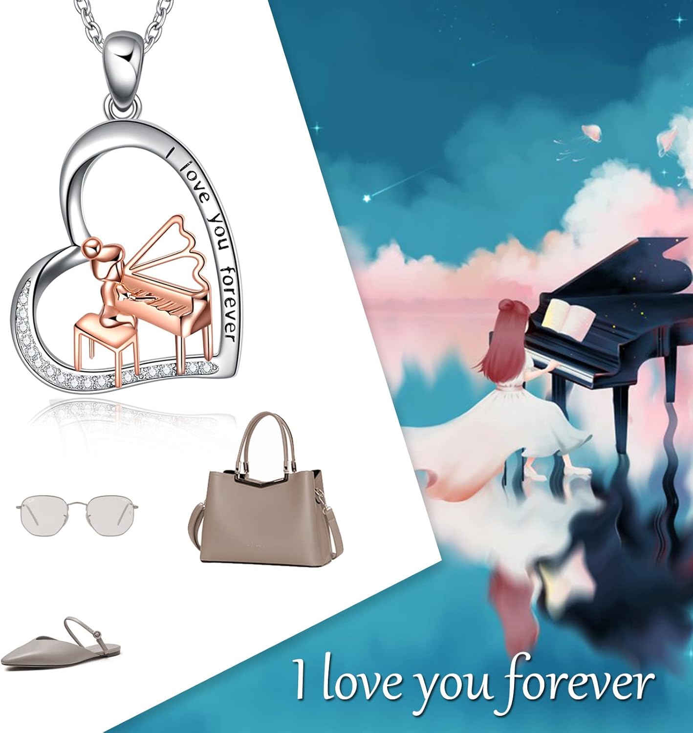 CRMAD Piano/Harp/Violin/Guitar Necklace Sterling Silver Love Heart Music Gifts for Women Sister Musicians Players