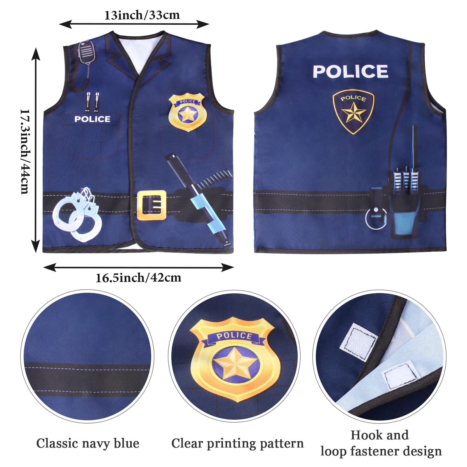 Disfraz de oficial de policía para niños, 6 piezas, juego de accesorios de policía, incluye sombrero, chaleco, lentes de sol, soporte para insignia, esposas, walkie talkie (juego C) 3