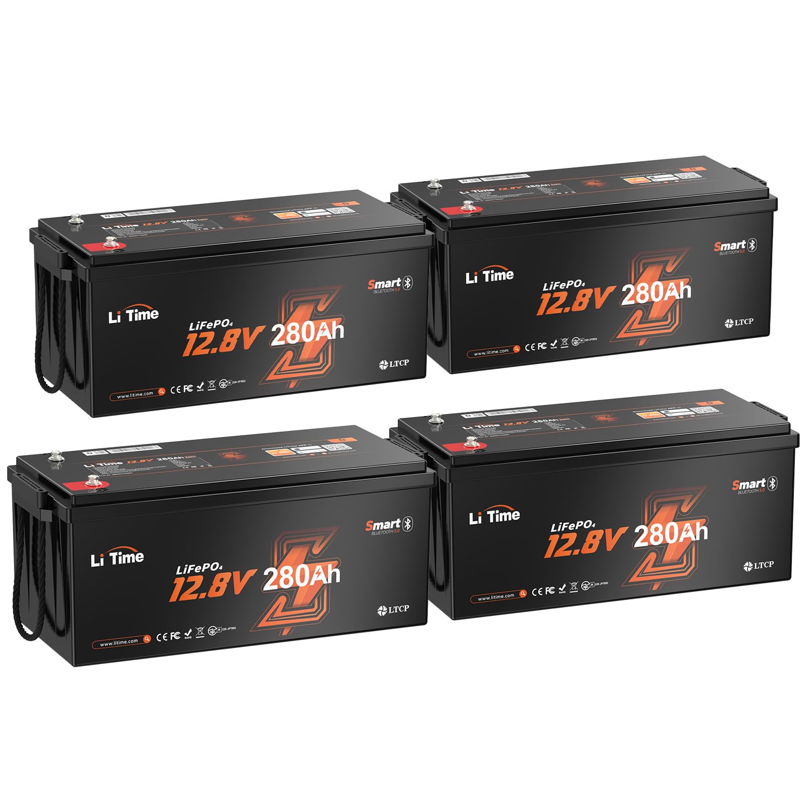 Litime 4Packs 12V 280Ah LiFePO4 Lithium Battery Bluetooth, Max. 15000 Deep Cycle RV Battery, 200A BMS, 3584Wh High Energy, Low-Temp Protection, Perfect for Home Energy, Marine, Camping