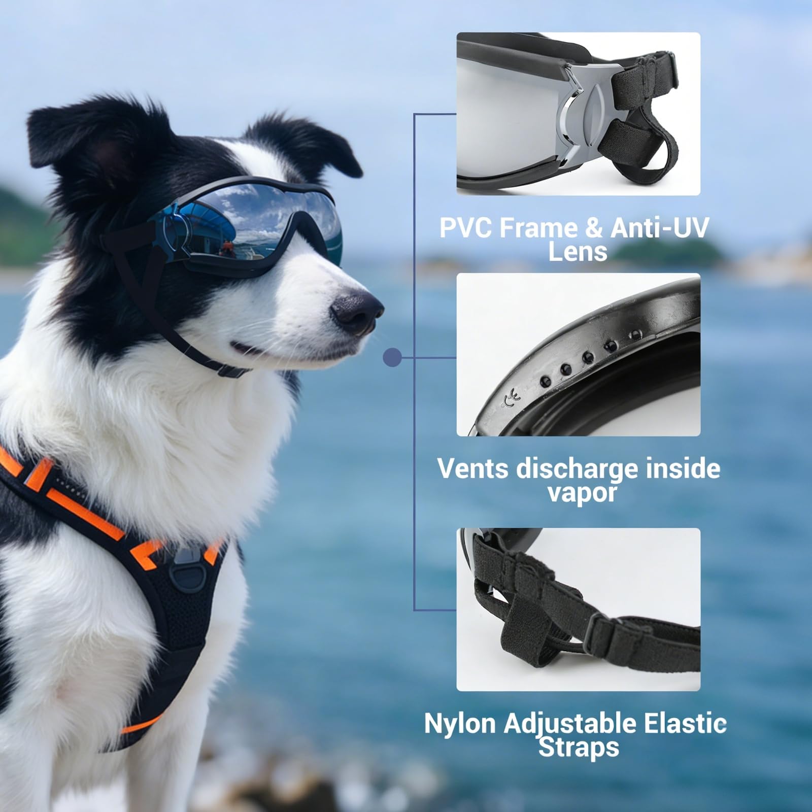 NAMSAN Dog Goggles Medium to Large Dog UV Sunglasses Windproof Anti-Dust Snowproof Pet Glasses with Elastic Straps, Black