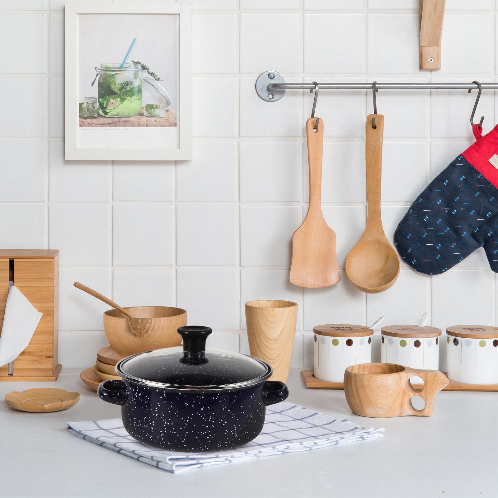 Emaille Kleiner Suppentopf 3 Stück mit Doppelgriffen und Flachem Boden Vielseitiges Topfset zum Kochen von Instant Nudeln und Salaten in Blau