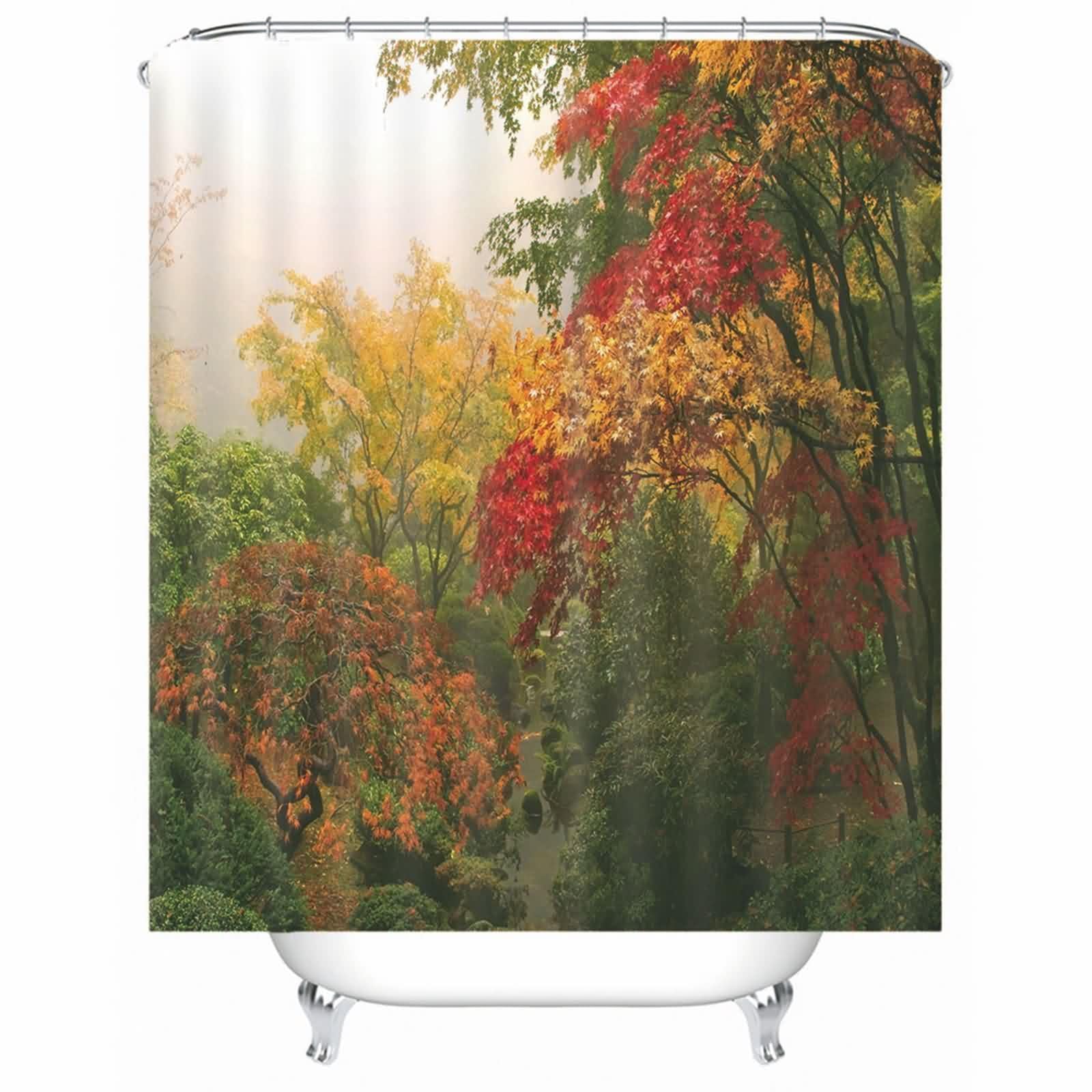 Rideau de douche textile vert jaune rouge à motif fleurs en tissu polyester lavable