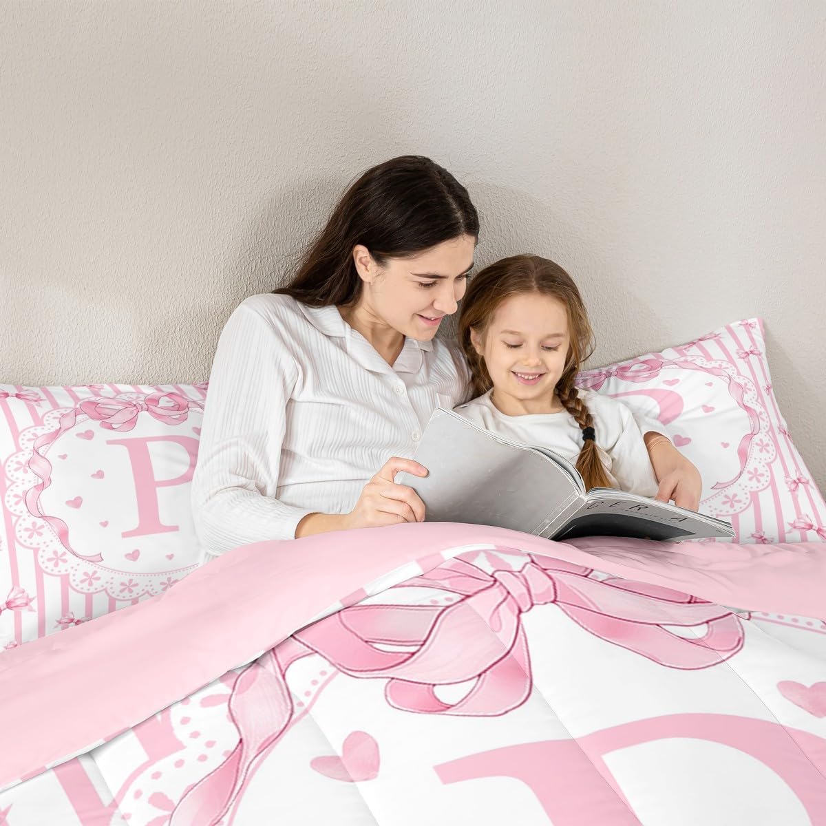 jejeloiu Cute Bowknot Comforter Set Full Size Pink Initial P Bedding Set for Kids Boys Girls Stripe Pattern Duvet Quilt Bedroom Decor Microfiber 3 Pcs with 2 Pillow Cases