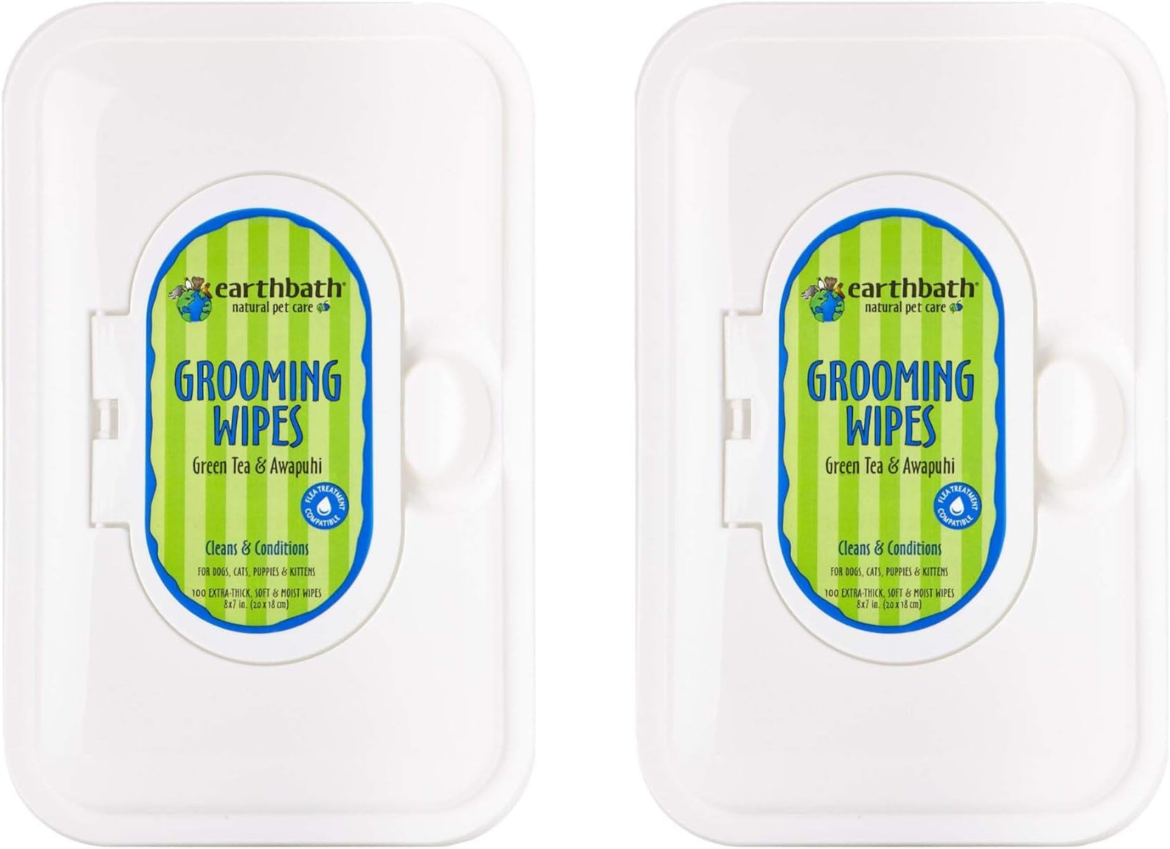 EarthbathGreen Tea & Awapuhi Pet Grooming Wipes - Safely Wipe Away Dirt and Odor, Aloe Vera, Vitamin E, Good for Dogs & Cats - 100 Count, (Pack of 2)