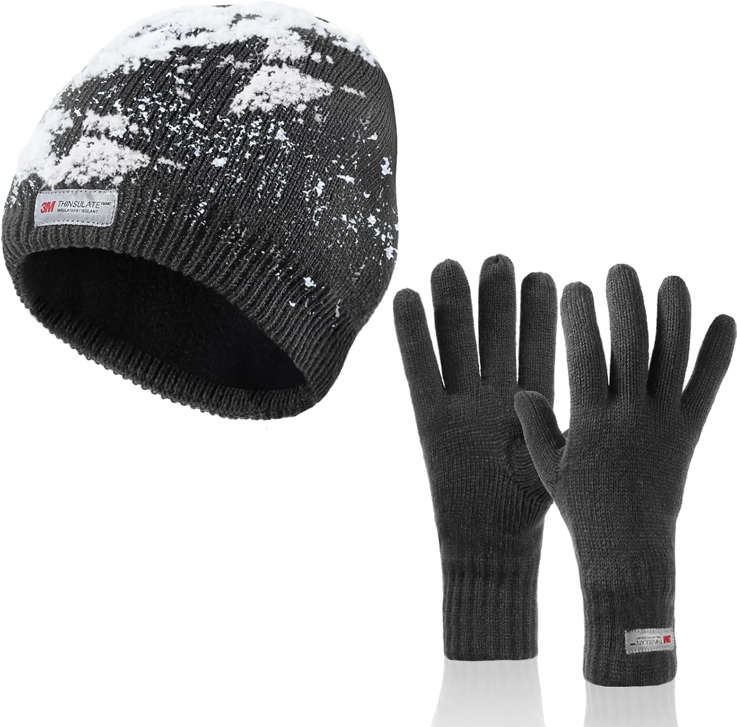 Waterproof Fleece Lined Winter Hat & Gloves Set for Men Women Warm Knit Beanie 2 Pack for Outdoor