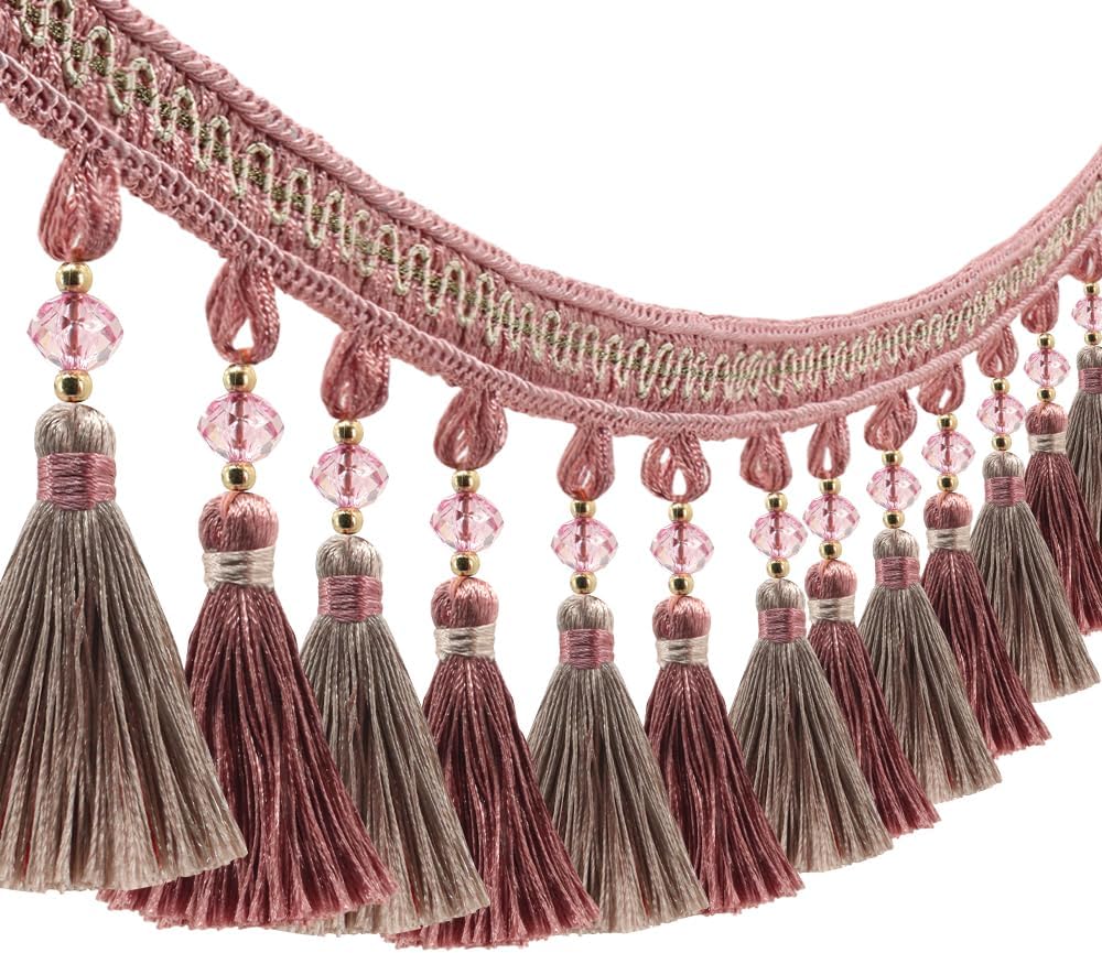3Yard Drop Pendant Fringe Trim, Lampshade Decoration,Decorative Beaded Edging for Curtains, Clothing, Sew On Embellishment (Pink)