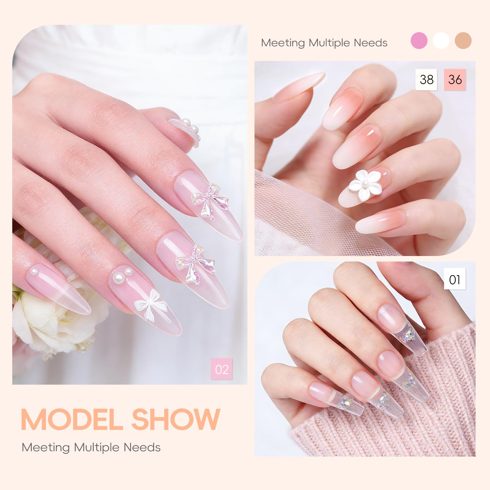 PEACECOLOR Poly Nagelgel Set mit UV Nagellampe, 6 Farben Pink Weiß Glitzer Nagelverlängerungsgel Matt Glitzer Top Base Coat Gel Basis Decklack Slip Solution Maniküre-Zubehör für Anfänger