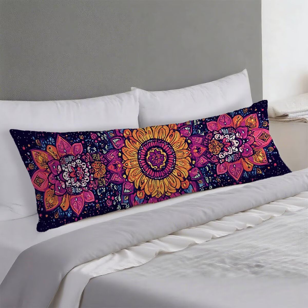 Seitenschläferkissen Bezug Blume Kissenbezug 60 x 180 Schwangerschaftskissen Mandala, Leinen Atmungsaktiv und Weich Body Pillow, für Deko Wohnzimmer Sofa Kopfkissenbezug, Geschenke für Fraue T-3377