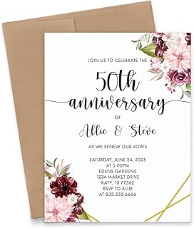 Personalized Invitation Cards For Anniversary, Custom Vow Renewal Invitations With Envelopes, 25th, 50th, 60th Wedding Anniversary Party Invitations, Your Choice of Year, Quantity, & Envelope Color