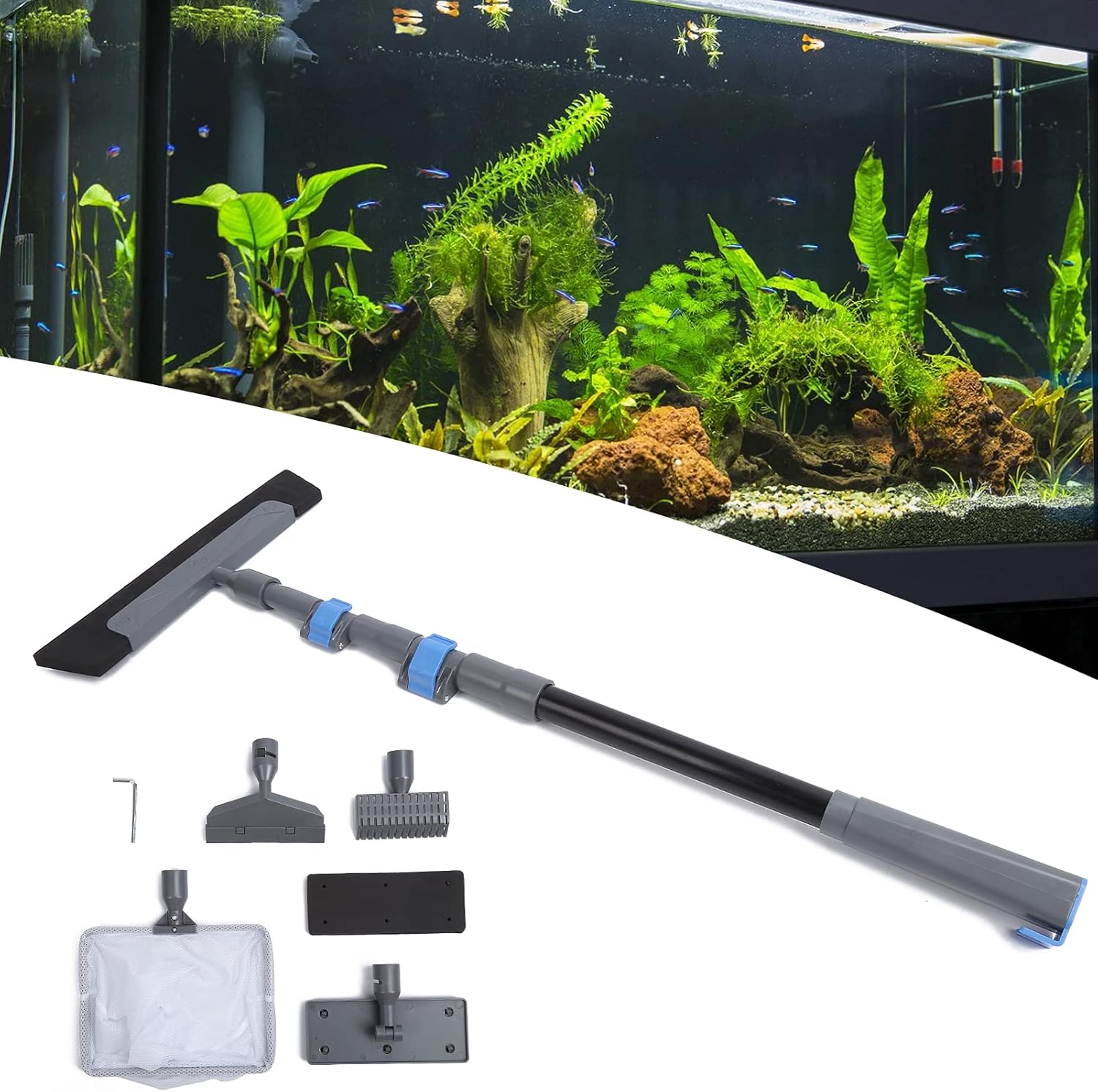 TITA-DONG 5 in 1 Aquarium Cleaning Tools Kit, Long Deep Fish Tank Cleaning Set Adjustable Length Rod Including Algae Scraper, Plane Brush, Sponge, Scraper, Nets, Wrench for Aquarium Cleaning