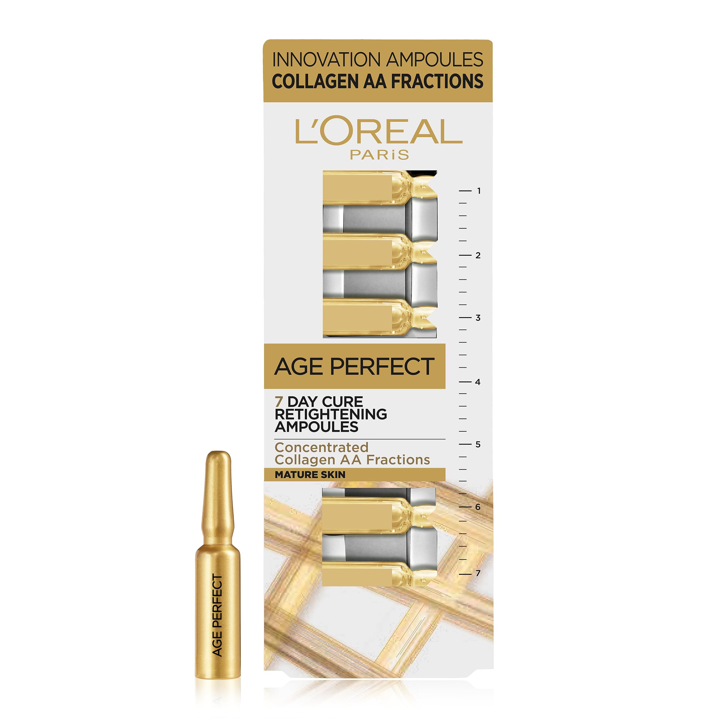 L'Oreal Paris Age Perfect Retightening Collagen Expert Ampoules for Mature Skin, 7-day concentrated Collagen dose for retightened, stronger & nourished skin in 1 week, x7
