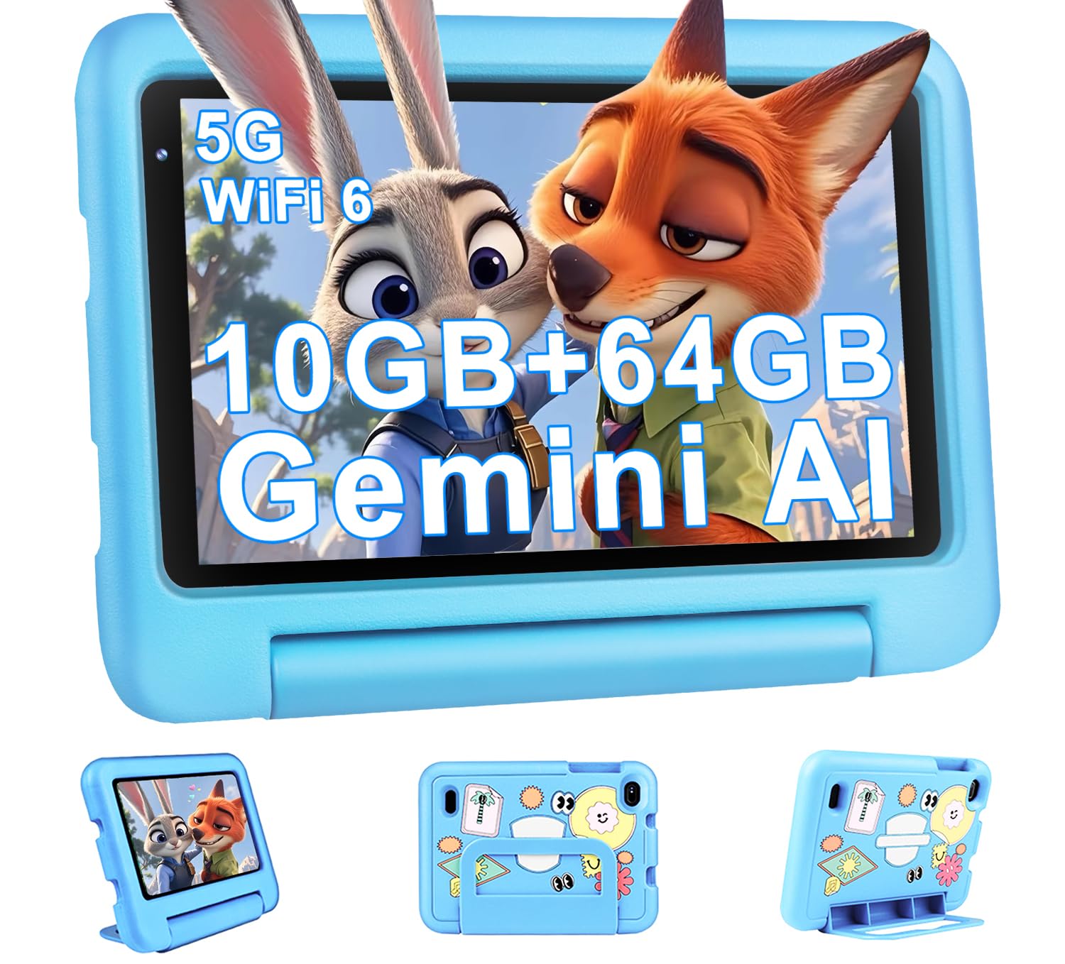 Tablette Enfants 7 Pouces Android AI Tablette avec 10GB RAM+64GB ROM(TF 1TB), Octa-Core|5G+2.4G WiFi 6 | Contrôle Parental | Dual Cameras | Bluetooth 5.0 | iWAWA Tablettes avec EVA Cas-Bleu