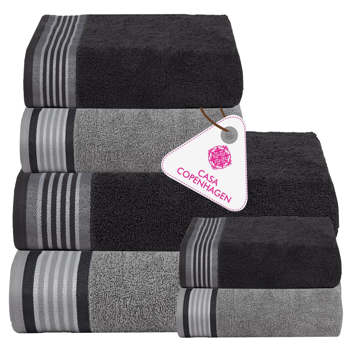 Casa Copenhagen Juego de 6 Toallas de baño 600 gsm, Gris Pino-Gris Violeta | He & She 100% algodón egipcio puro para baño, cocina y ducha: 2 toallas baño, 2 de mano, 2 paños (set regalo mujer y hombre)