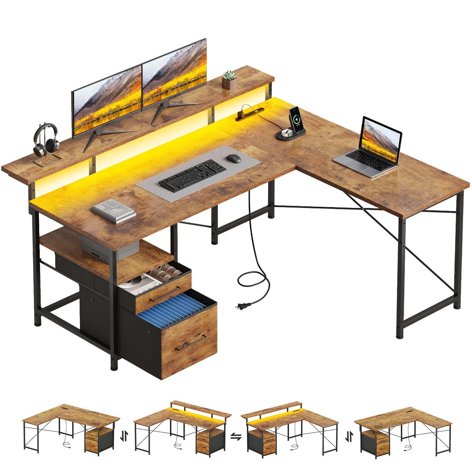 63" Gaming Desk with LED Lights, L Shaped Desk with Monitor Stand, Computer Desk with Drawers, PC Desk with Outlets, Office Desk with Monitor Stand, Rustic Brown