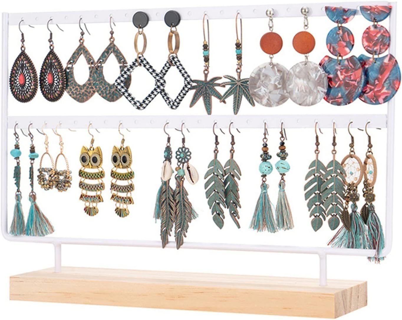 Jewelry Racks Earrings Organizer Jewelry Holder Display Wood Stand 46 Hole Earring Organizer Holder 2-Tier Stand Ear Stud Display Rack Rustic Wooden Base Jewelry Rack(White)