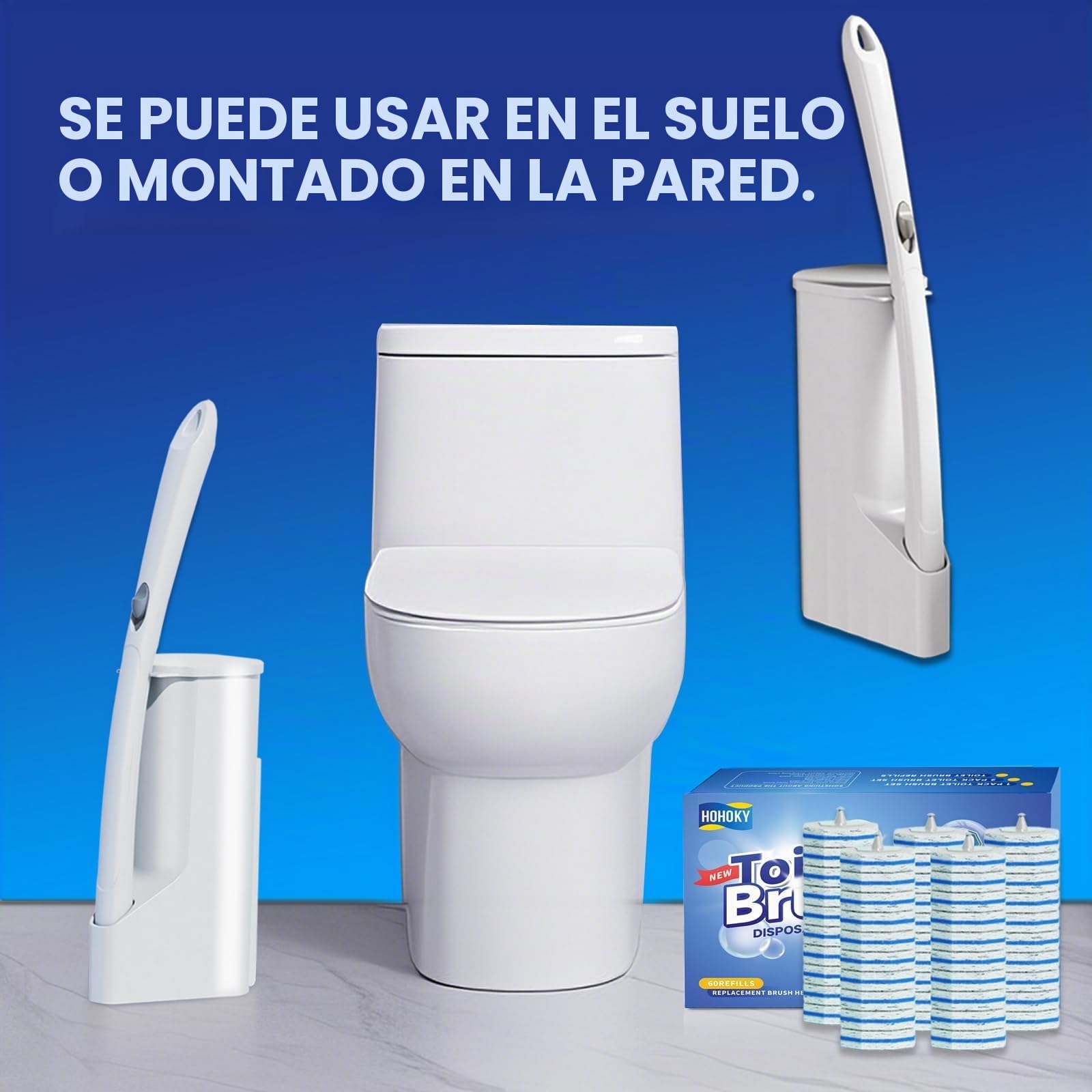 Sistema de Limpieza de Cepillo de Inodoro desechable, Cepillo de Limpieza de Inodoro, 50 Cabezales de Cepillo de Repuesto, Palo de Limpieza de Inodoro, Kit de Varita de toliet montado en la Pared,