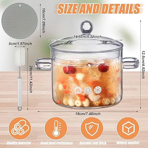 Miniatura 3 de Tioncy 2 ollas de vidrio transparente para cocinar en la estufa, cacerola de vidrio de 44 onzas con mango de tapa, olla a fuego lento hecha a mano