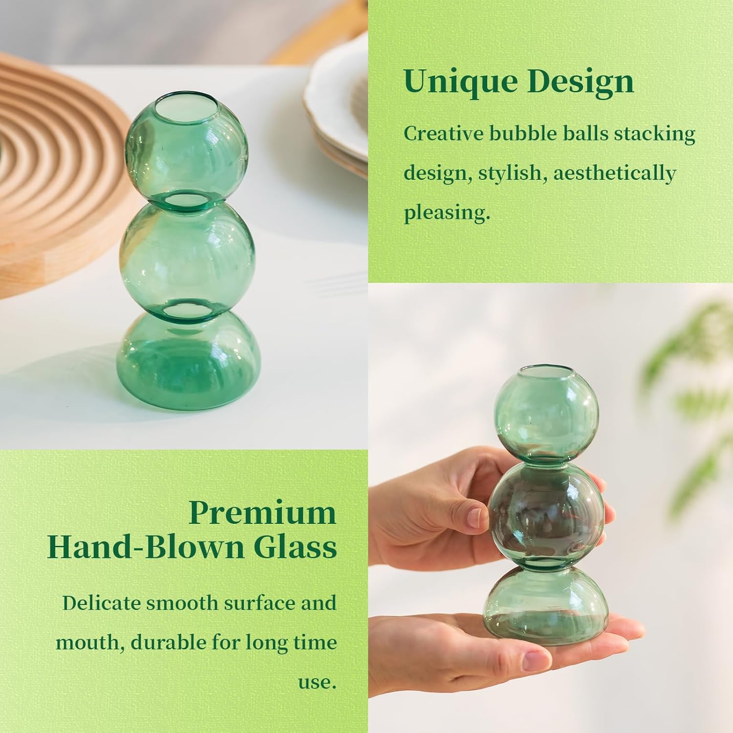 Glass Bubble Vases for Flowers, Hewory 2pcs Green Unique Cute Single Flower Vase for Centerpieces, Funky Aesthetic Vase Skinny Bud Vase, Cool Groovy Decor for Home Living Room Bedroom Office Tabletop - Image 6