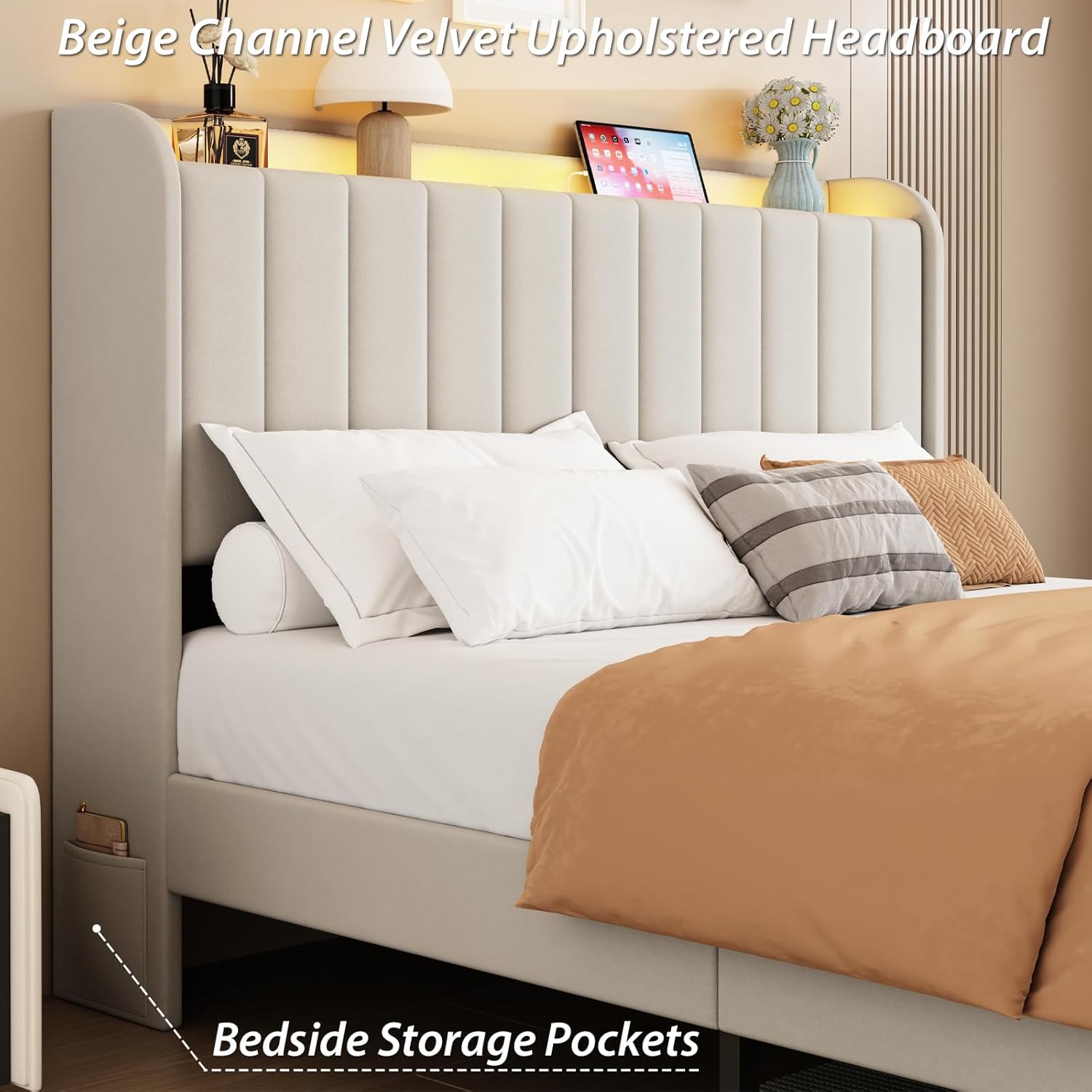 Queen Bed Frame with Storage Drawers, LED Bed Frame with Charging Station, Velvet Channel Tufted Upholstered Headboard, Wood Slats Support Noise-Free, No Box Spring Needed, Beige