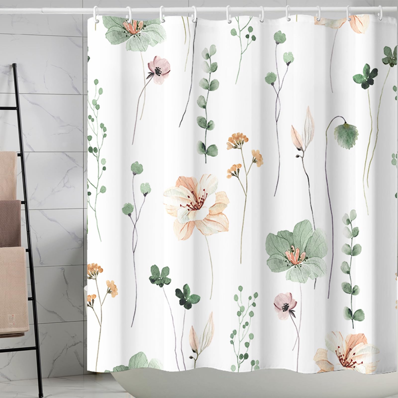 Floral Shower Curtain, Washable Polyester Fabric Shower Curtain with 12 Plastic Hooks, Thick Bathtub Curtain 180 x 200 cm for Bathroom, Hotel, Bedroom