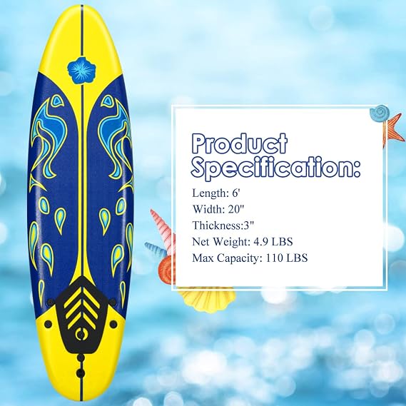 Giantex Surfboard, 6 Ft Stand Up Surfing Board w/ 3 Detachable Fins, Safety Leash, Non-Slip Lightweight Foam Surfboard for Kids, Teenager, Adults