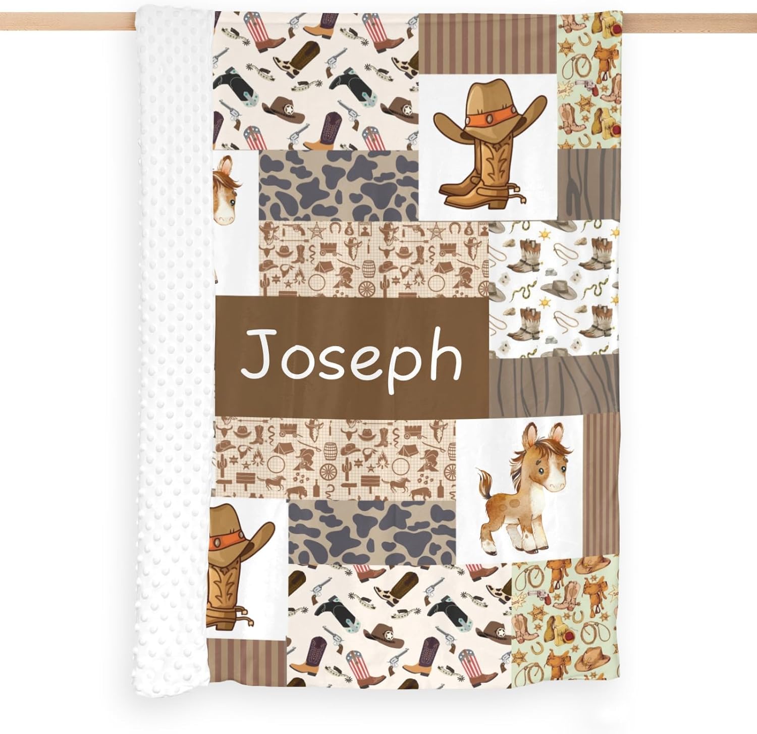 Cowboy Western Patchwork Personalized Baby Blanket for Boys Girls,Custom Minky Blanket Double Dotted Naps 40X50 in