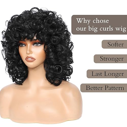 Miniatura 6 de Pelucas Cortas y Rizadas para Mujeres Negras, Peluca Rizada Grande Negra Suave con Flequillo, Rizos Afro Crespos, Resistente al Calor, Peluca