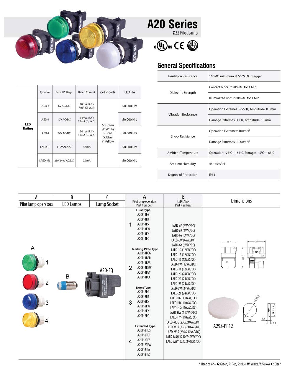 A20P-1EQ3G, 22mm LED Pilot lamp, Flush Type, 12V AC/DC, Green Lens