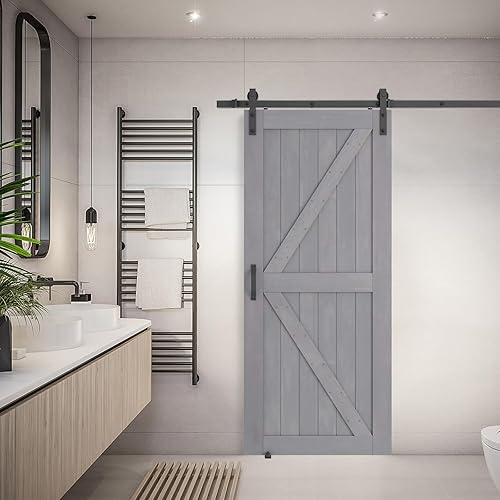 Miniatura 6 de Pipleo - Puerta de granero de 303642 x 84 pulgadas con kit de herrajes para puerta de granero y asa, guía de suelo incluida, puerta corredera sin