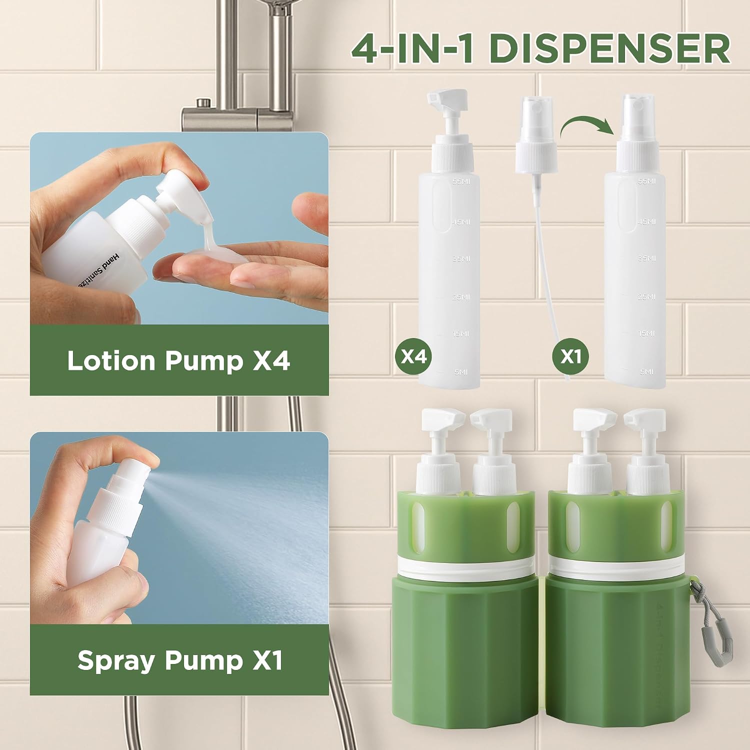 SESENSE 4-in-1 Travel Bottles for Toiletries, TSA Approved Travel Size Toiletries, Leak Proof Refillable Travel Size Shampoo and Conditioner Sets with Wall-Mountable Suction Cup, Green