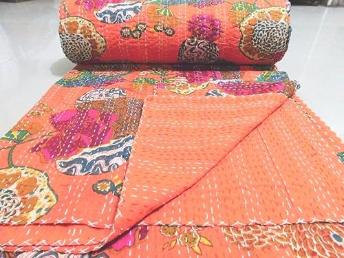 Miniatura 4 de Colcha reversible con patrón de frutas indias de algodón puro Gudri blanco estilo Kantha tamaño Queen, colcha de cama con estampado floral y frutal,