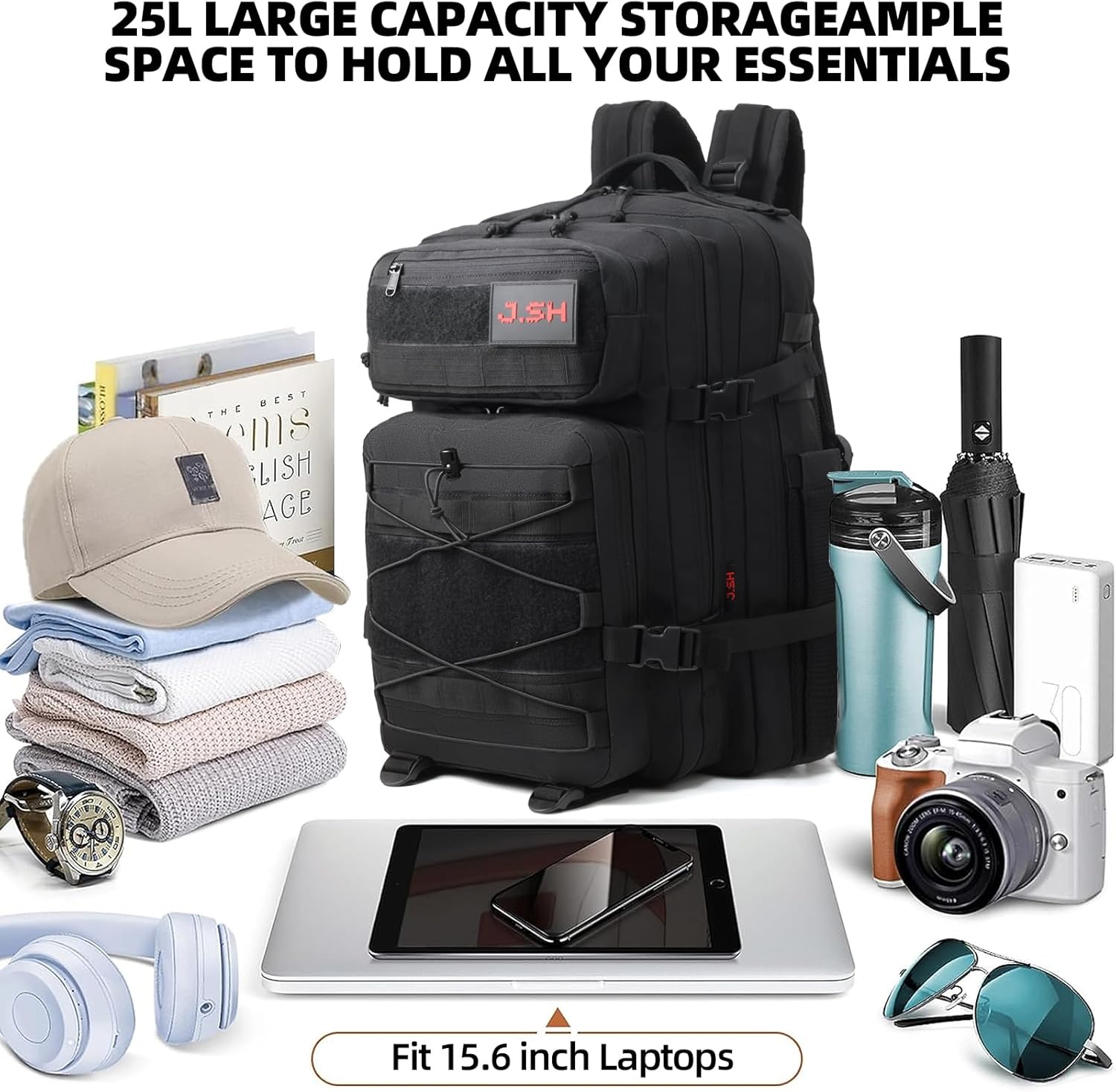 J.SH 25L Military Tactical Backpack GYM Backpack Black Assault Bag Small Travel Backpack for Men and Women with Bottle Holder - 25L Black - Image 8