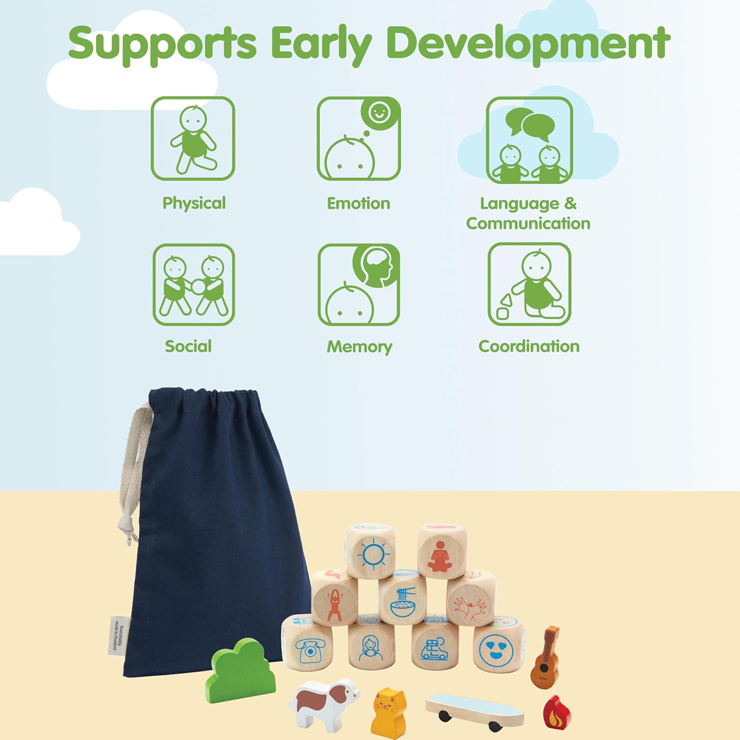 PlanToys® Wooden Storytelling Dice for Montessori Inspired Language and Imagination Play | Creative Story Building and Emotional Expression Activity | Eco Friendly Dice for Open Ended Narratives