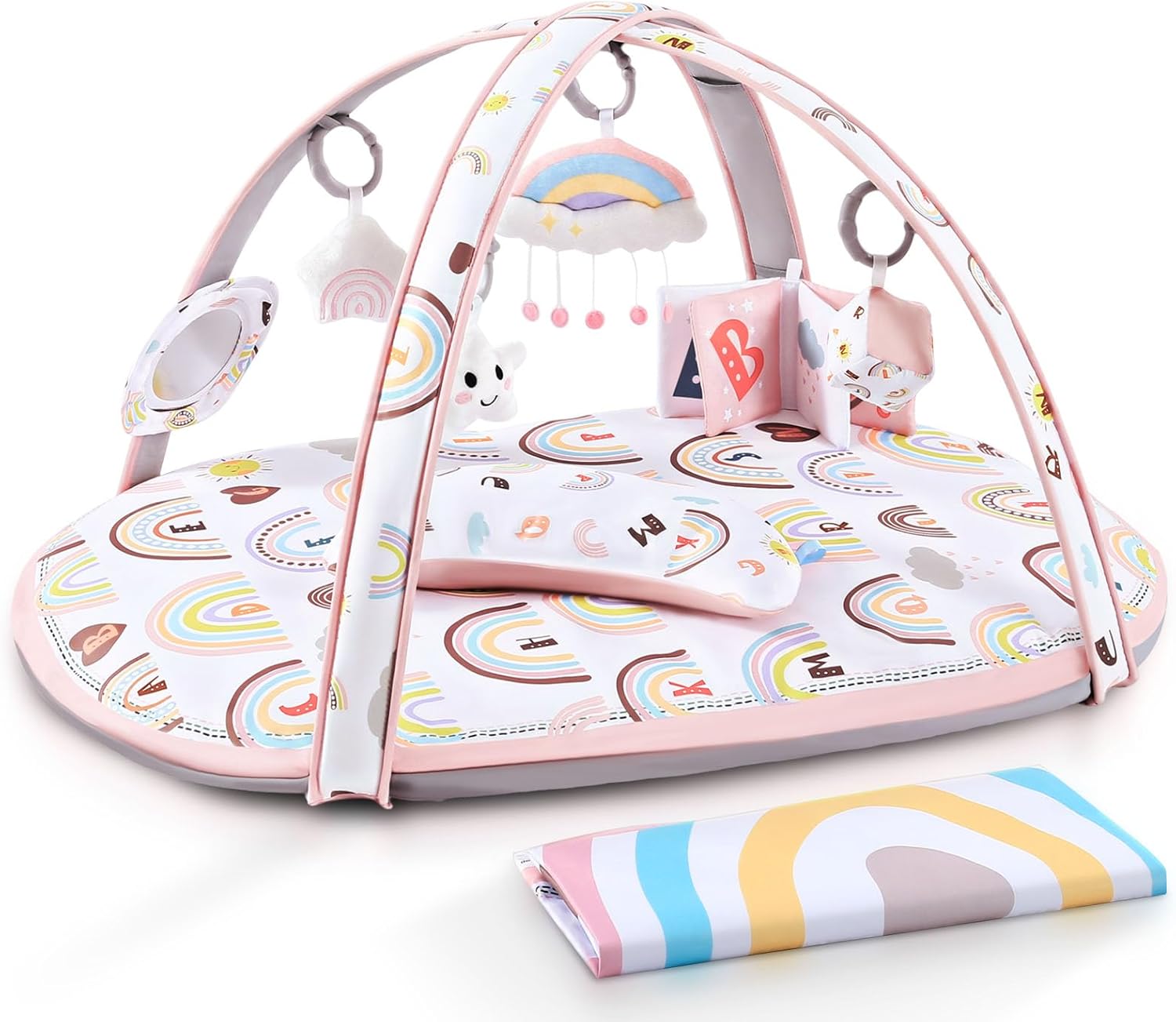 Baby Play Gym Mat, Activity Gym & Plat Mat for Child Baby Girls, 7 in 1 Tummy Time Stage-Based Mat for Infant Sensory & Motor Skills Development