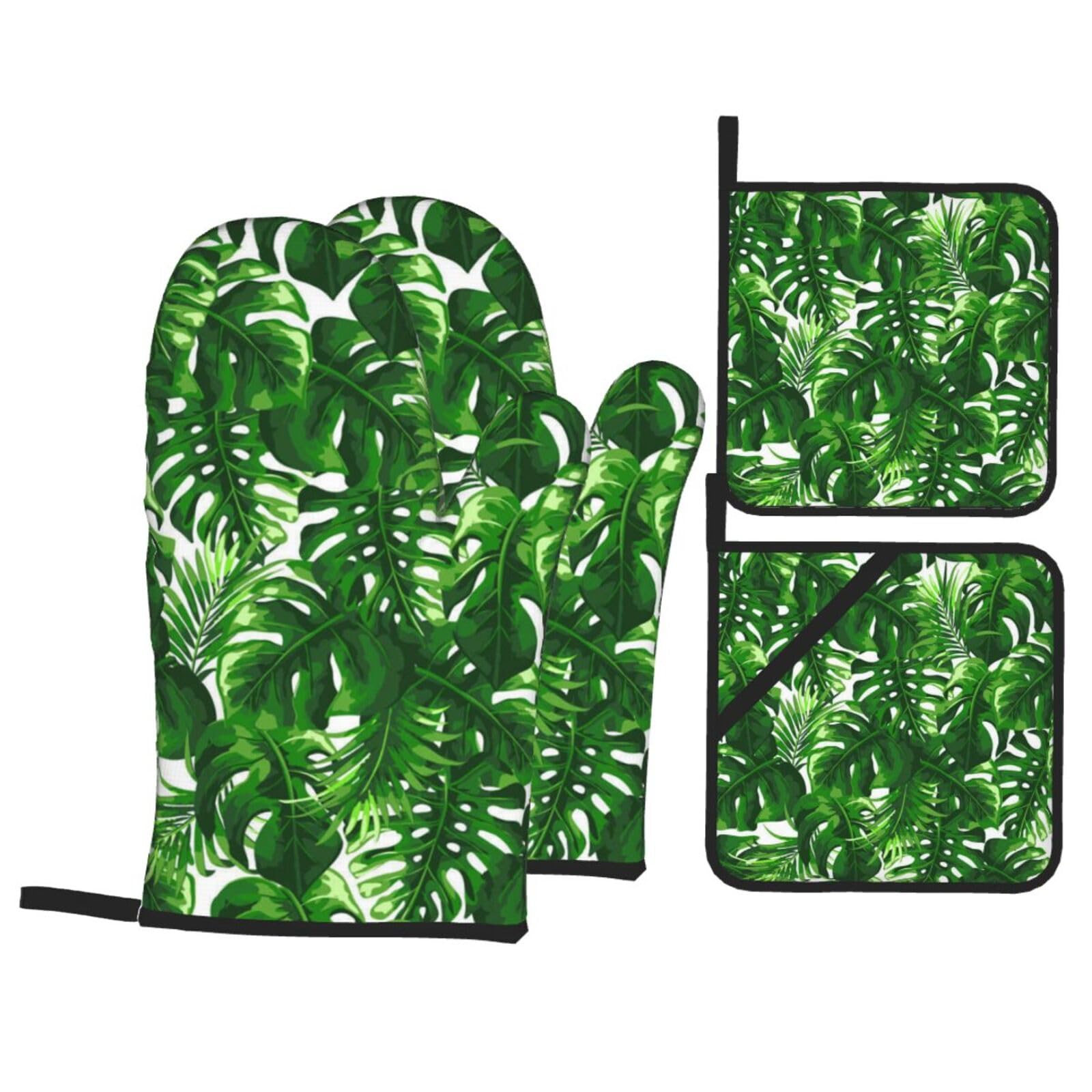 Monstera Deliciosa Banana Palm Print Stylish Heat-Resistant Oven 4-Piece Set Kitchen Gloves Roasting Daily Cooking