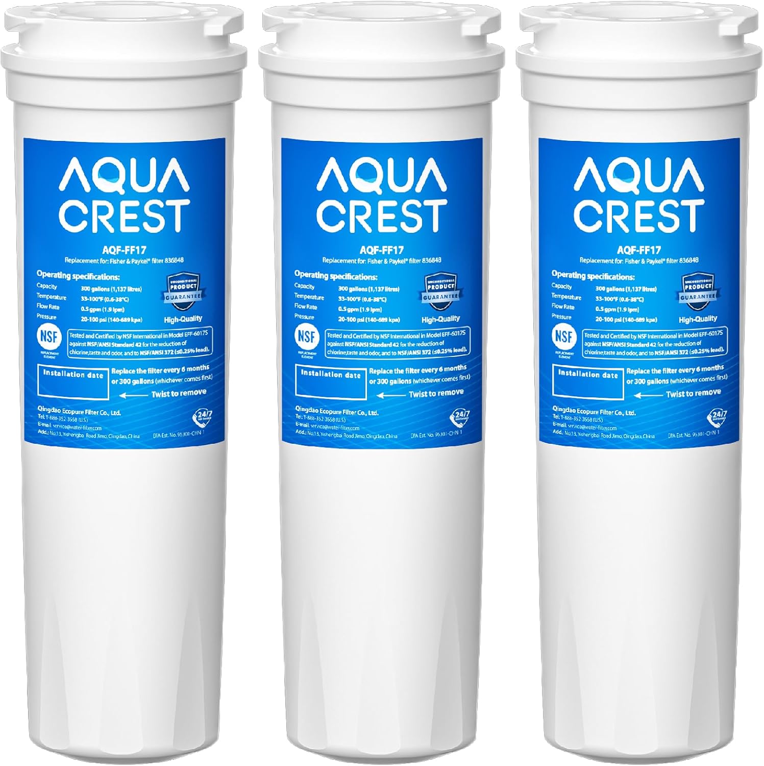 AQUACREST 836848 Refrigerator Water Filter, Replacement for Fisher & Paykel 836848, 862285, 862284, 3 Pack