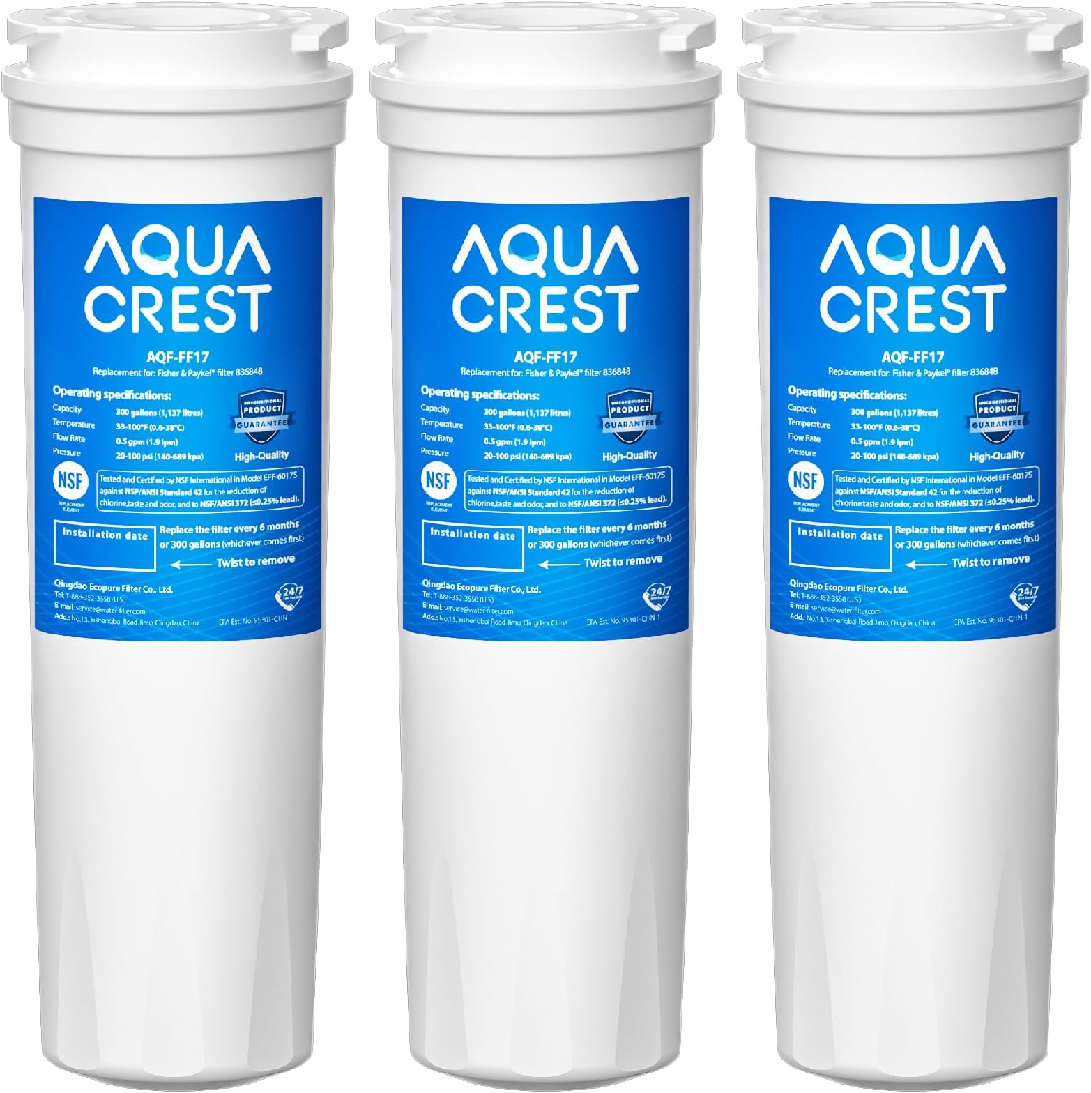 AQUACREST 836848 Refrigerator Water Filter, Replacement for Fisher & Paykel 836848, 862285, 862284, 3 Pack