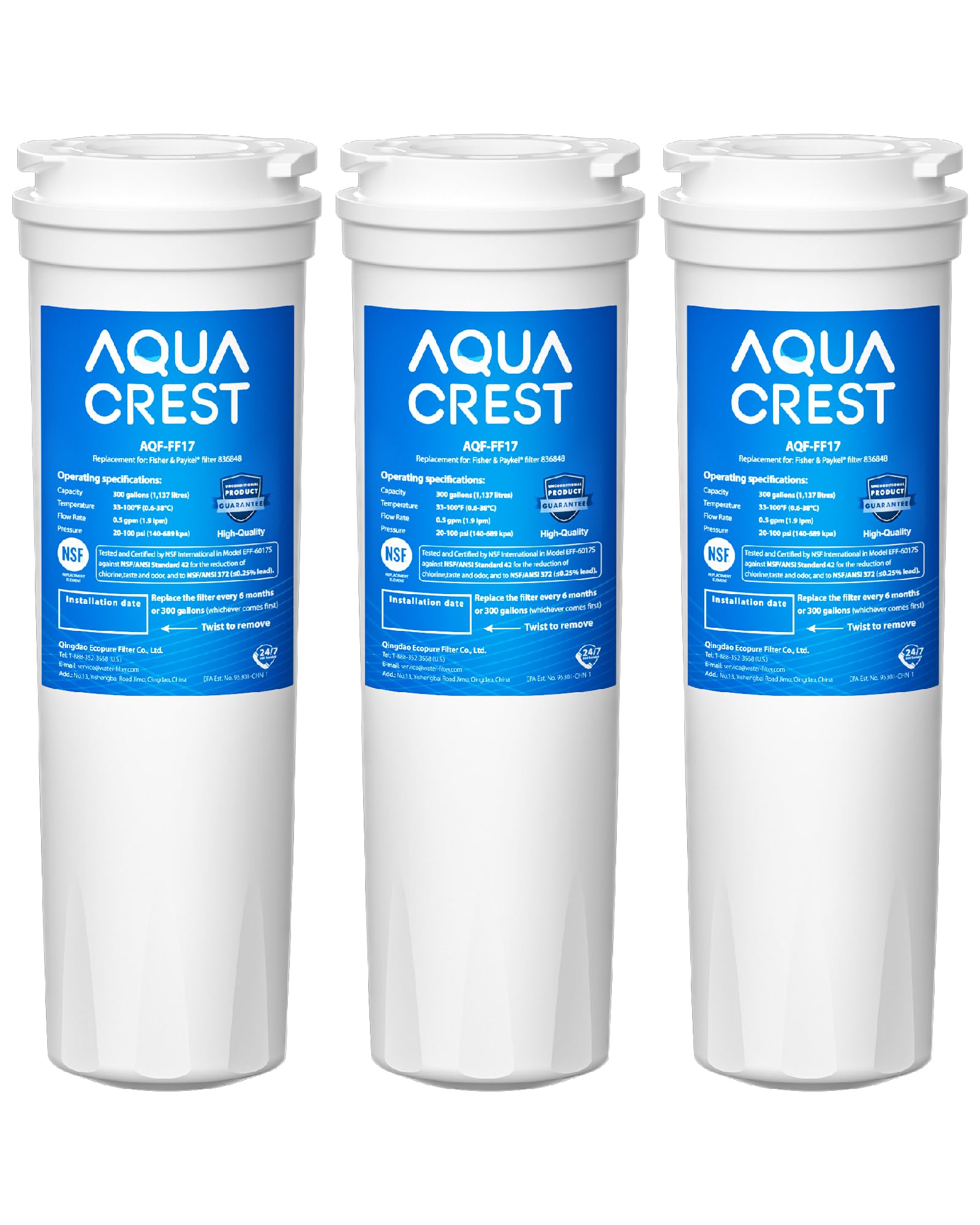 AQUA CREST 836848 Refrigerator Water Filter, Replacement for Fisher & Paykel 862285, 836860, 862284, PS2067635, EFF-6017A, E522, E402, E442, Pack of 3 (Package may vary)