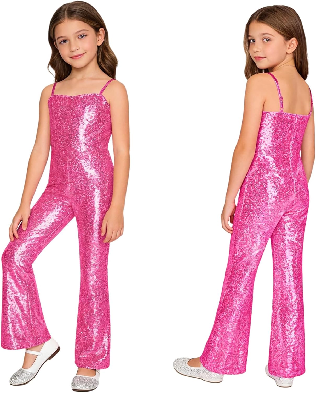 JEYPINMI Kids Girls Sequin Jumpsuit Sleeveless Sparkly Romper 80s Disco Dance Party Performance Dancewear