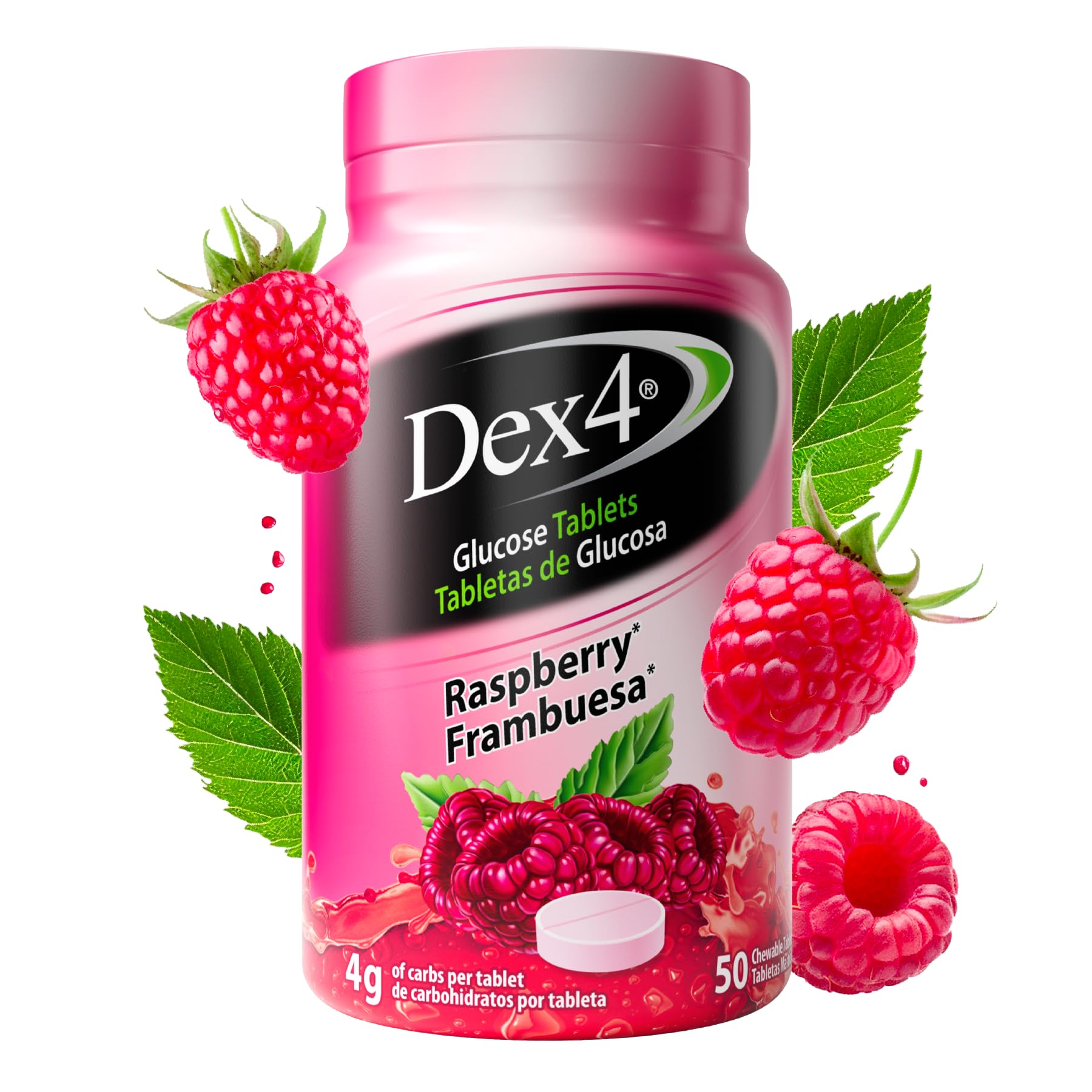 Tabletas de glucosa Dex4 de acción rápida, 4 g por tableta, sin grasa ni gluten, sabor frambuesa, envase de 50 unidades