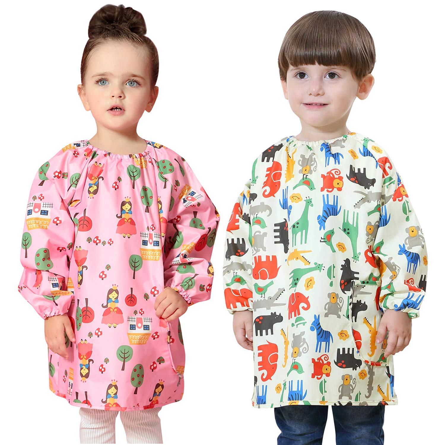 Happy Cherry - Babero Impermeables Pintura Bebé Niños Niñas 2 Piezas Babi Escolar Infantil con Mangas Largas Baby Niña Guardería Delantal Blusón Waterproof para Jugar Comer - 1-7 Años