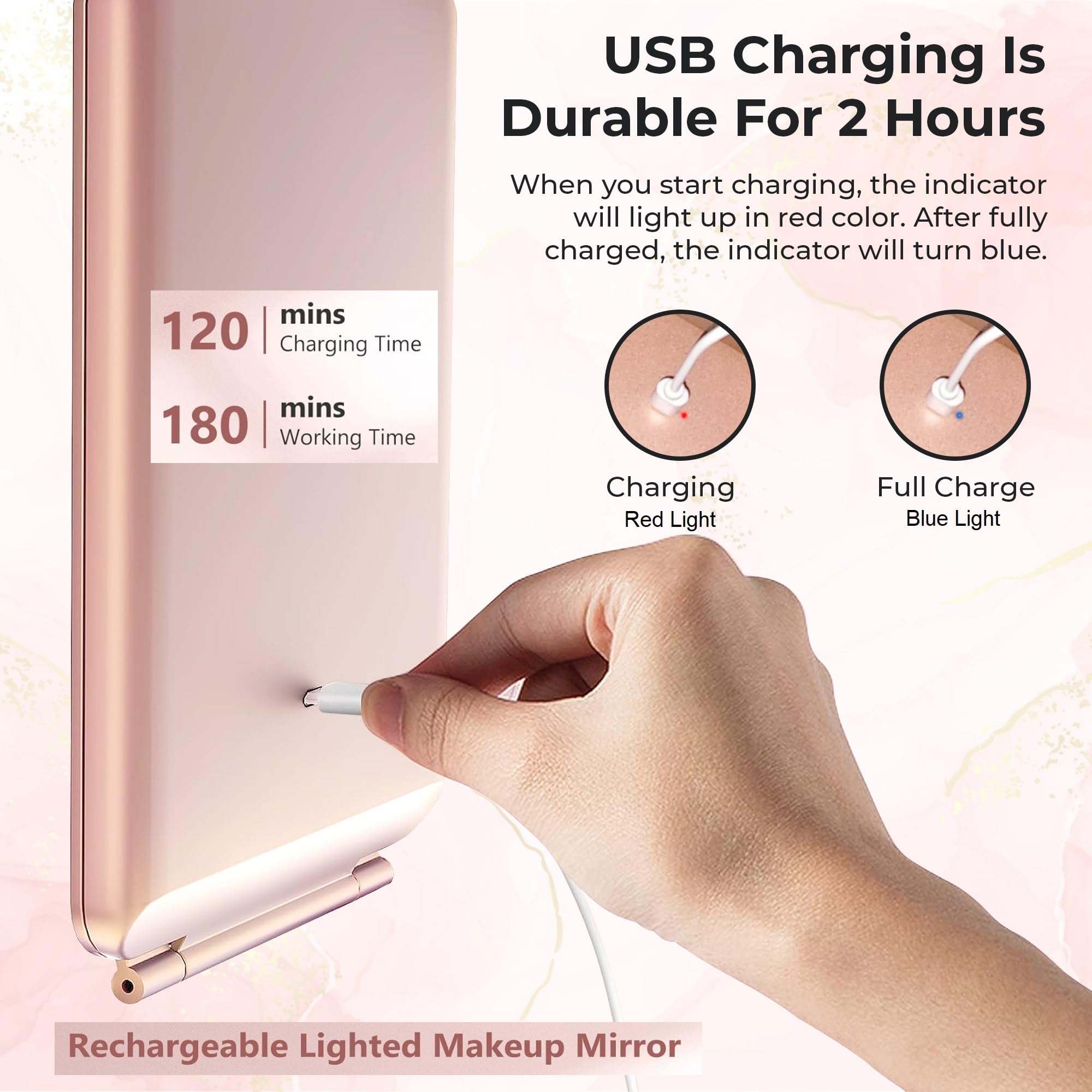 Reise-Make-up-Spiegel mit Lichtern – Rotgold, wiederaufladbarer LED-Leucht-Spiegel für Make-up mit 1X/3X/5X Vergrößerung – dimmbar, 3 Farben Beleuchtung, Touchscreen, tragbarer Spiegel mit