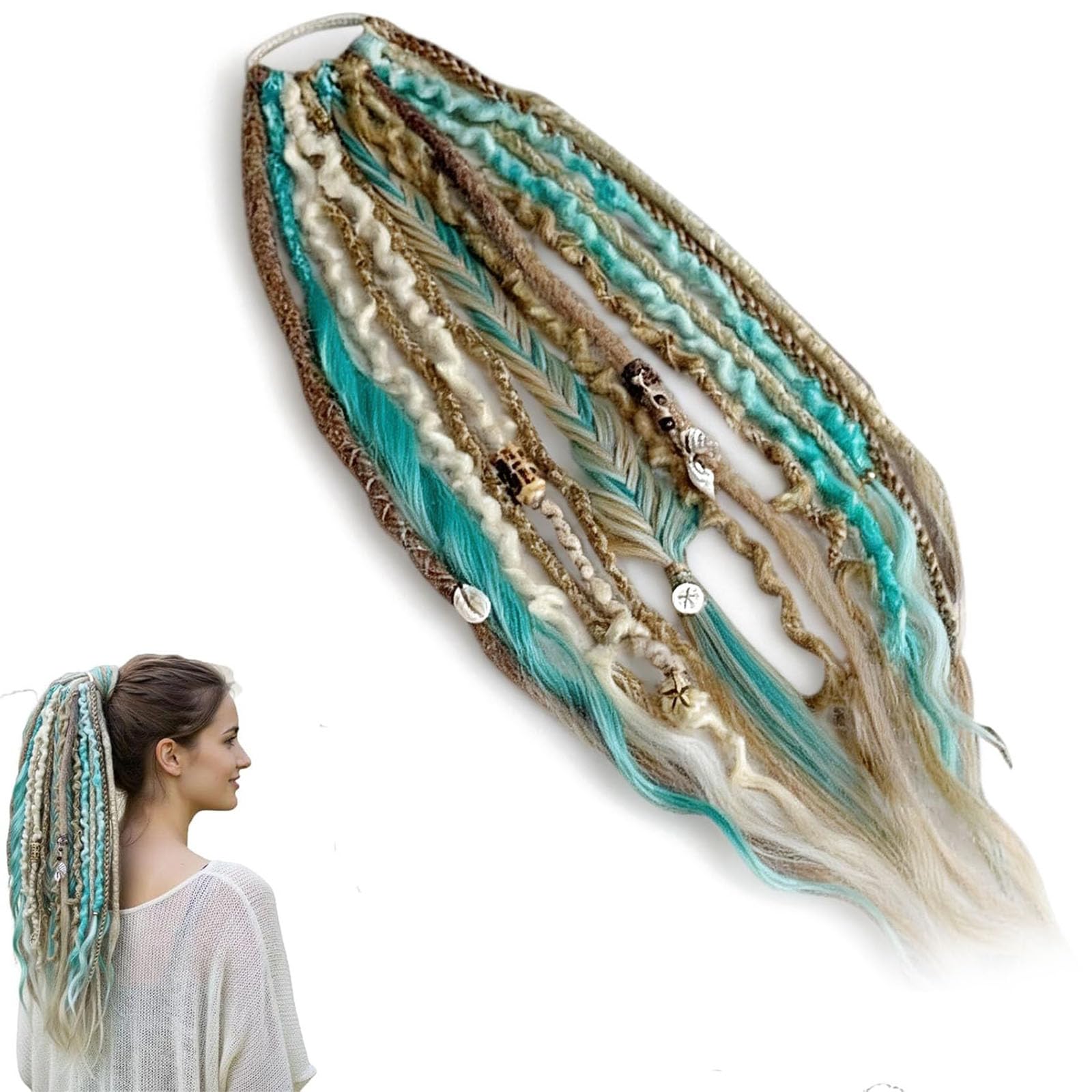 Queue de cheval élastique Salty, extension de cheveux dreadlocks bohème avec perles, coquillages et breloques. Fixation facile en 1 minute par clip. Idéale pour les festivals (A)
