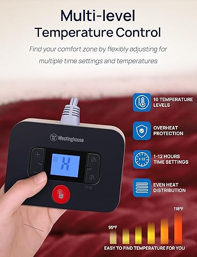 Miniatura 6 de Westinghouse Manta eléctrica térmica de 84 x 90 pulgadas con 10 niveles de calefacción y ajustes de tiempo de calentamiento de 1 a 12 horas, manta