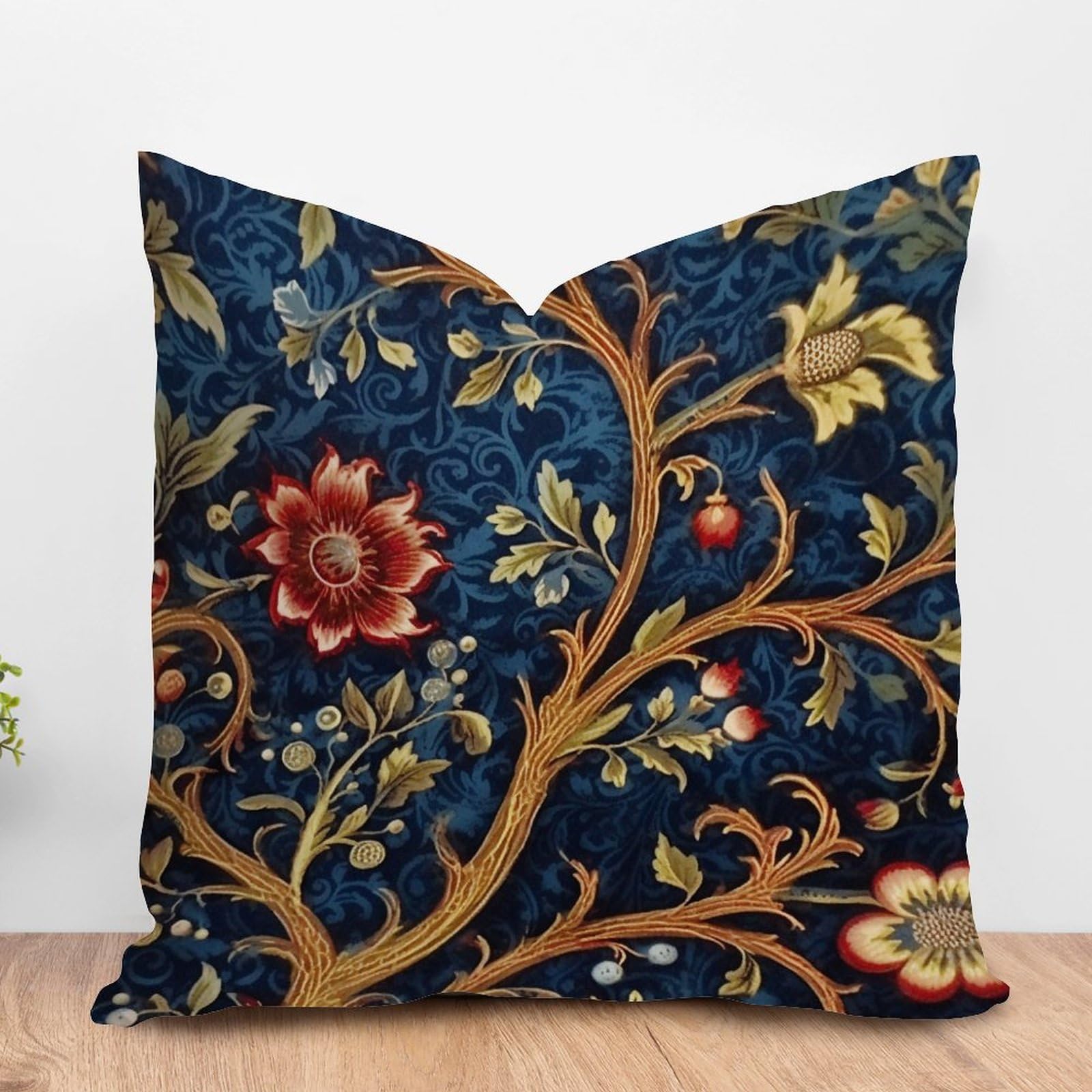 PODbyyou Navy Blue and Red Floral Farmhouse Cushion Cover Botanical Burgundy Gold Olive Flower Home Decor Throw Pillow Cushion Chinoiserie Chic Asian Check Pillow 26x26in White Linen