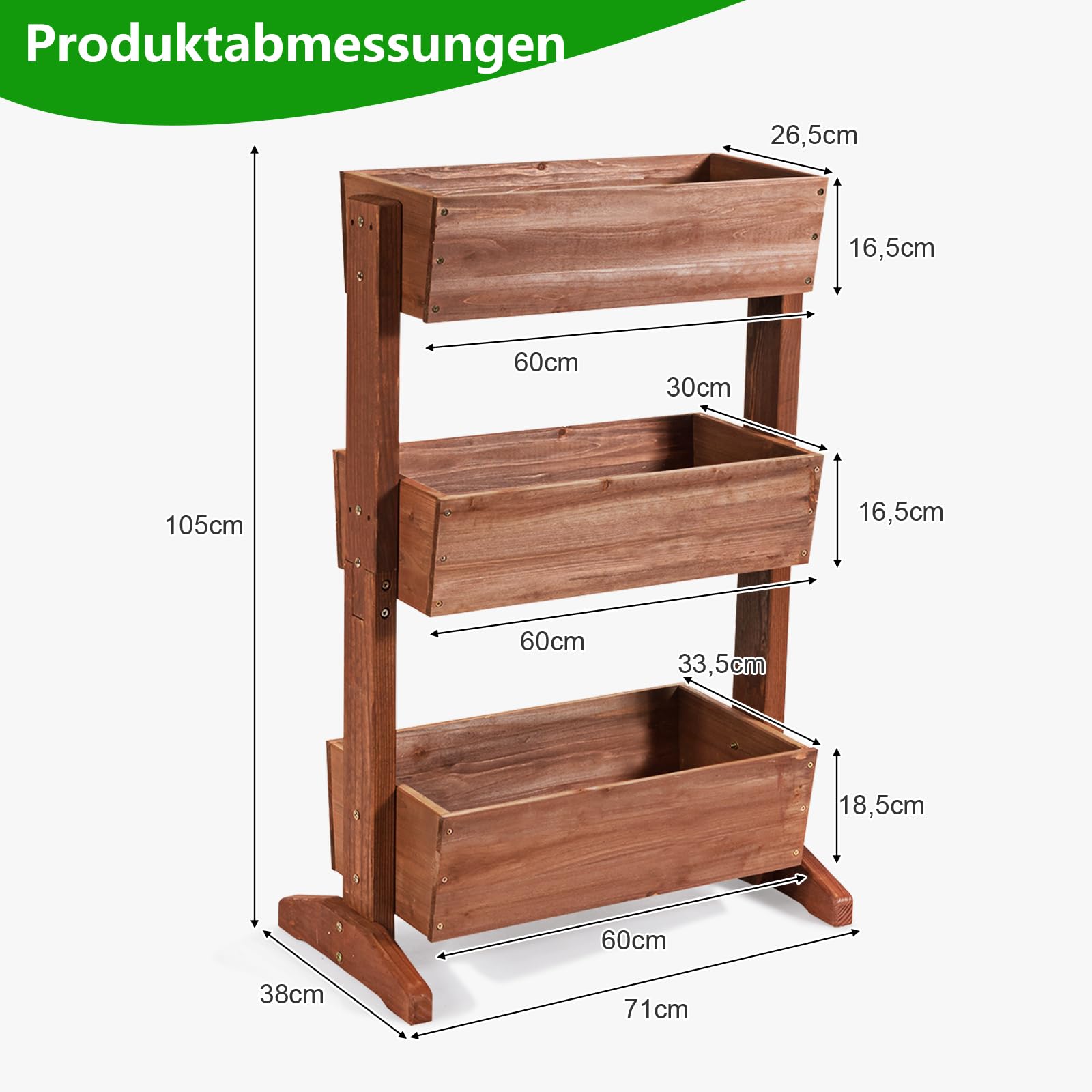 GOPLUS 3-piętrowa podwyższona grządka, kwietnik z drewna jodłowego, schodek na kwiaty z 3 doniczkami i otworami odpływowymi, do ogrodu, na balkon, taras, 71 x 38 x 105 cm