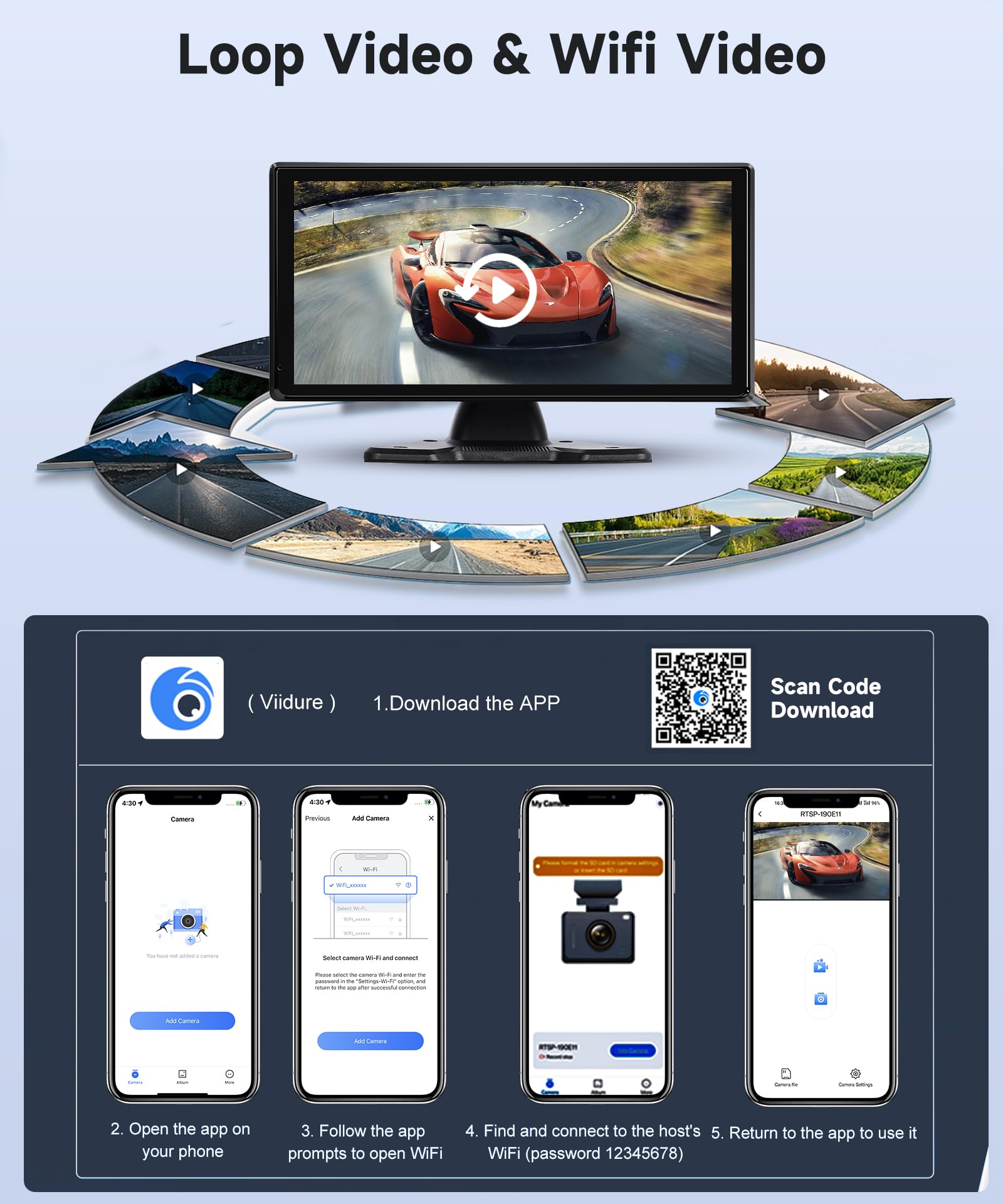 Rimoody 1080P Rückfahrkamera 4 Kameras Set mit Wireless Carplay Android Auto, 10.36 Zoll Monitor 4 Geteilte Bildschirm, Bluetooth/FM Sender/Loop Video/WiFi Video/Parkmonitor für LKW/Bus/Van/Wohnmobile