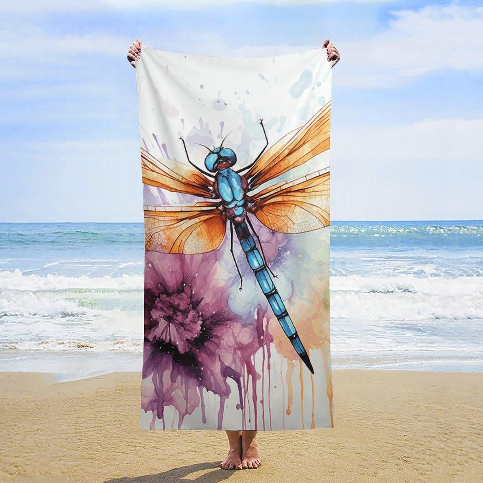 NTVOWPZO Dragonfly Watercolor Painting Beach Towel Oversized Microfiber Bath Towels Lightweight Sand Proof Beach Towels Absorbent Pool Towels for Swimming Yoga Bathroom Towel 31.5" X 63"