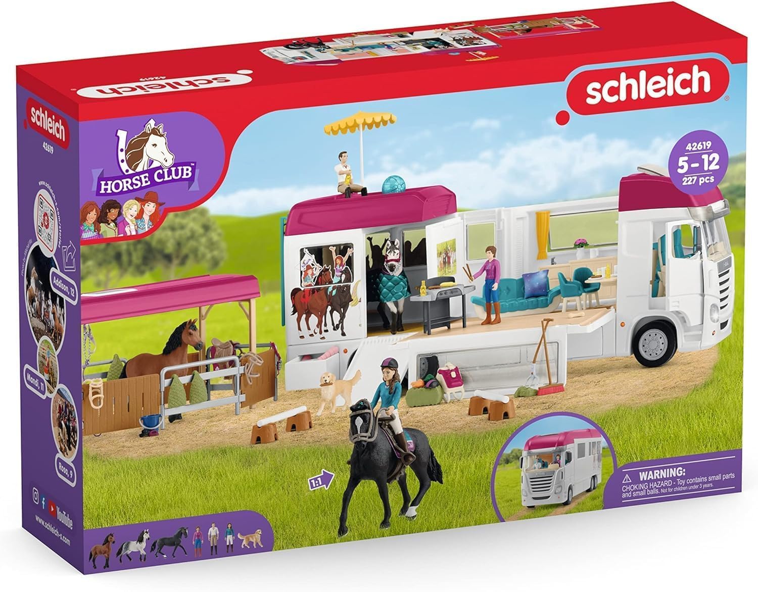 Schleich Horse Club | Pferdetransporter 42619 | ab 5 Jahren | 227 Teile | Pferde Spielzeug mit Wohnmobil, Transporter, Pferdebox, 3 Pferden, 3 Figuren & Pool mit echtem Wasser | Geschenk für Kinder