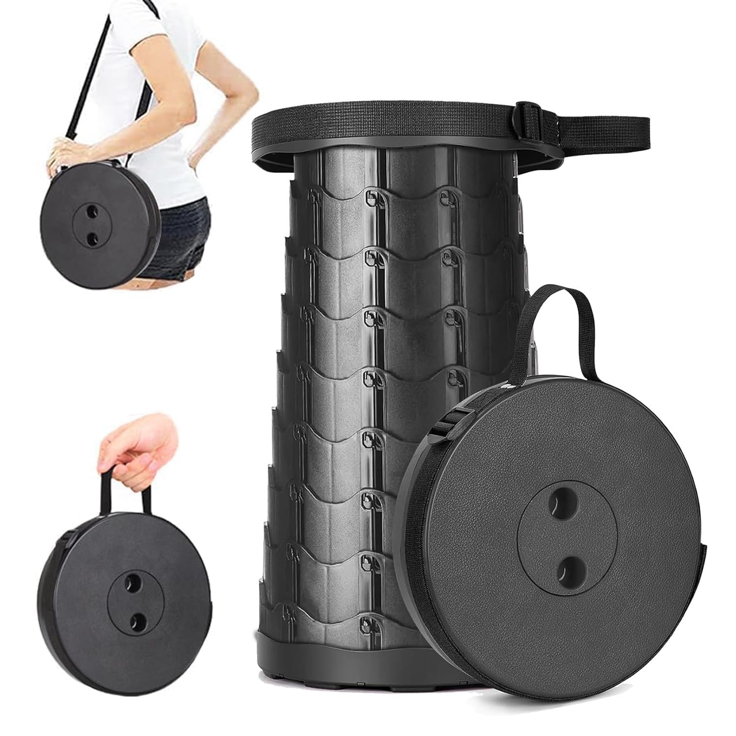 Portable Folding Stool, Telescopic Stool for Camping Fishing Hiking Travel Garden BBQ Outdoor Indoors, Lightweight Adjustable Plastic Retractable Collapsible Stools Max Load 220lbs (Black)
